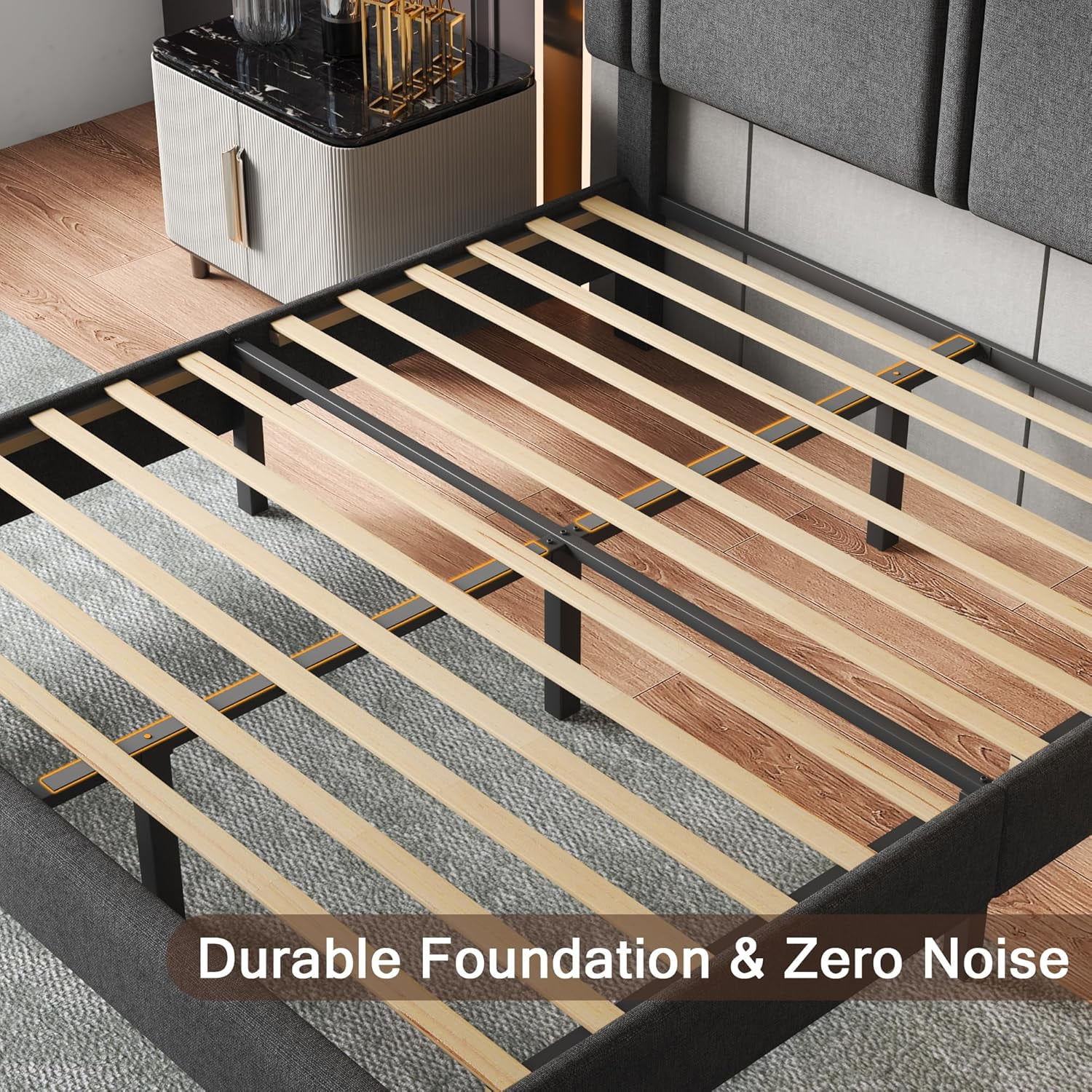 Honfach Full Bed Frame, Velvet Upholstered Platform Bed Frame, Solid Wood Slats & Heavy Duty Feet Support, No Box Spring Needed, Noise-Free, Easy Assembly, Dark Gray