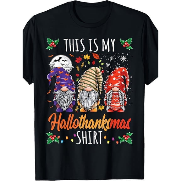 This Is My Hallothanksmas Gnomes Graphic T‑Shirt, Halloween Thanksgiving Christmas Holiday Short‑Sleeve Casual Unisex Tee