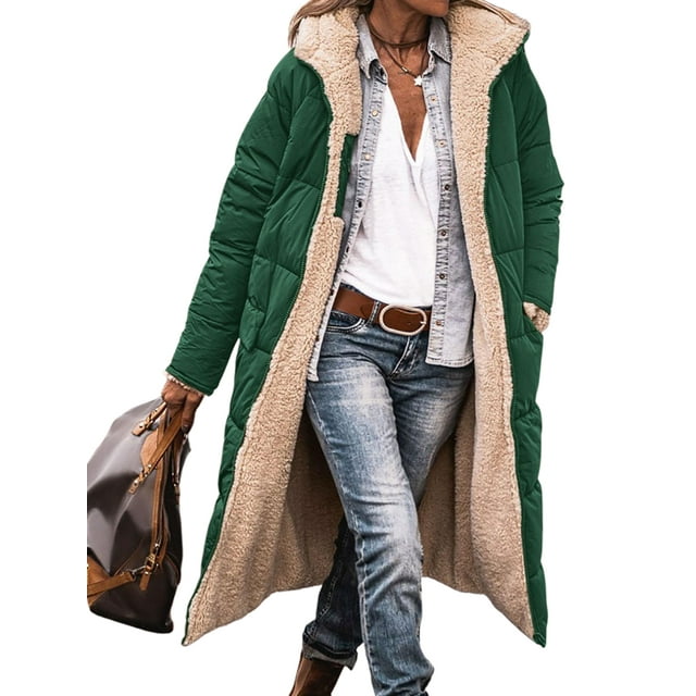 Innerwin Overcoats Long Sleeve Ladies Fleece Jacket Winter Hooded Loose Sherpa Coat Green L