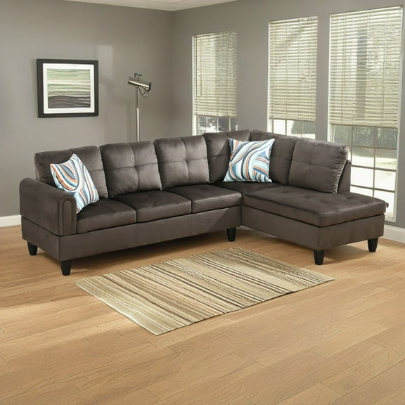 Hommoo Flannel 4-Seat Couch Sofa Set, L Shaped Couch Living Room Sofa Set, Sectional Sofa for Small Space, Dark Brown(No Ottoman)