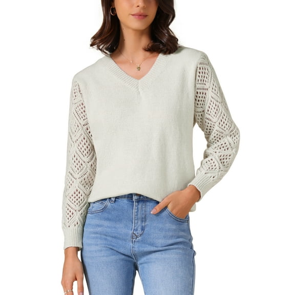 INSPIRE CHIC Women's Sweaters V Neck Knit Crochet Hollow Out Long Sleeve Pullover Sweater Top M Grey Beige