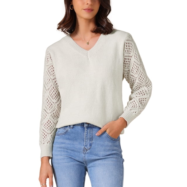 SUÉTER DE MUJER INSPIRE CHIC Cuello en V Tejido de Ganchillo Manga Larga Suéter Top XL Gris Beige