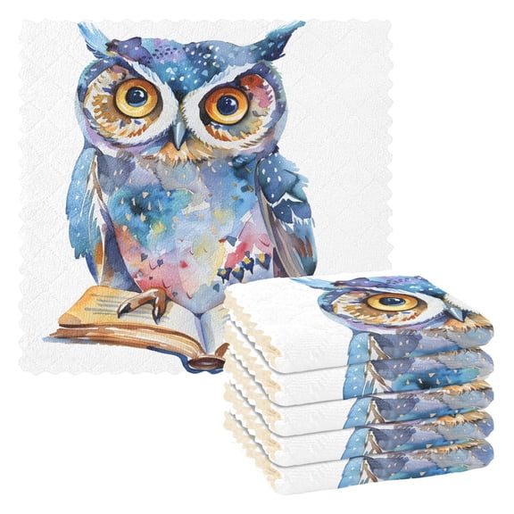 6 Packs Cute Owl on Book Kitchen Dish Towels Soft Absorbent Dish Cloths 11"x11"