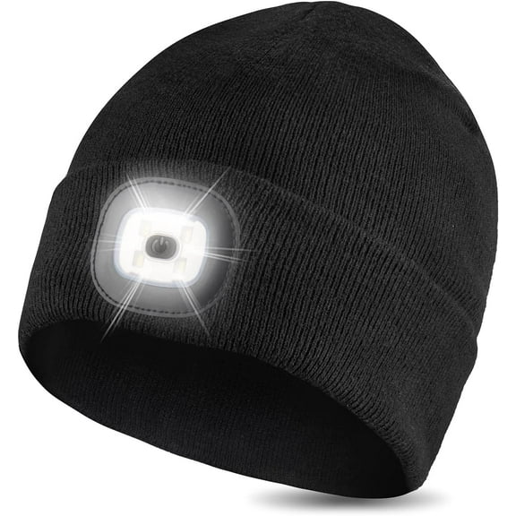 MAMOWEAR Winter Mens Beanie with LED Light, Rechargeable Led Headlamp Hat, Warm Knit Hat for Winter Safety, for Outdoor Dog Walking Men Women Dad