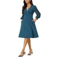 thumbnail image 4 of Vestido envolvente para mujer Inspire Chic, con escote en V, mangas de linterna, puntos suizos, vestido midi con bolsillos, azul S, 4 of 6
