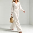 thumbnail image 5 of LEKWK 2 Piece Sets for Women Elegant V Neck Long Sleeve Wrap Top and Wide Leg Pants Casual Matching Sets Vacation Casual Loungewear, 5 of 5