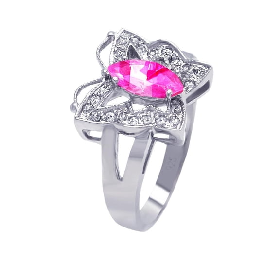 Sterling Silver 925 Rhodium Plated Pink Marquise Butterfly Ring Cubic Zirconia Jewelry Female Size 8