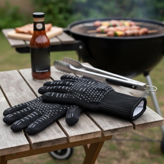 BBQ Grill & Oven Gloves, BBQ Gloves, Heat Resistant Silicone Grilling Gloves, Fireproof, Non-Slip Silicone Mitts for Grilling for Barbecue, Cooking, Baking, Smoker - Black