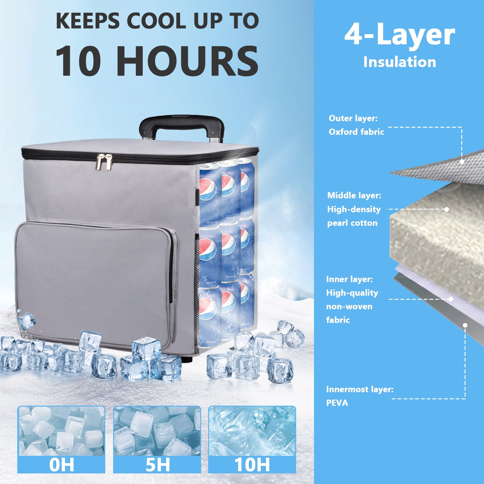 Merryhome Cooler with Wheels, 60-Can 40 Qt Rolling Cart Soft Cooler Bag, Foldable Leak-Proof Cold Retention Cooler for Camping, Beach, Grocery
