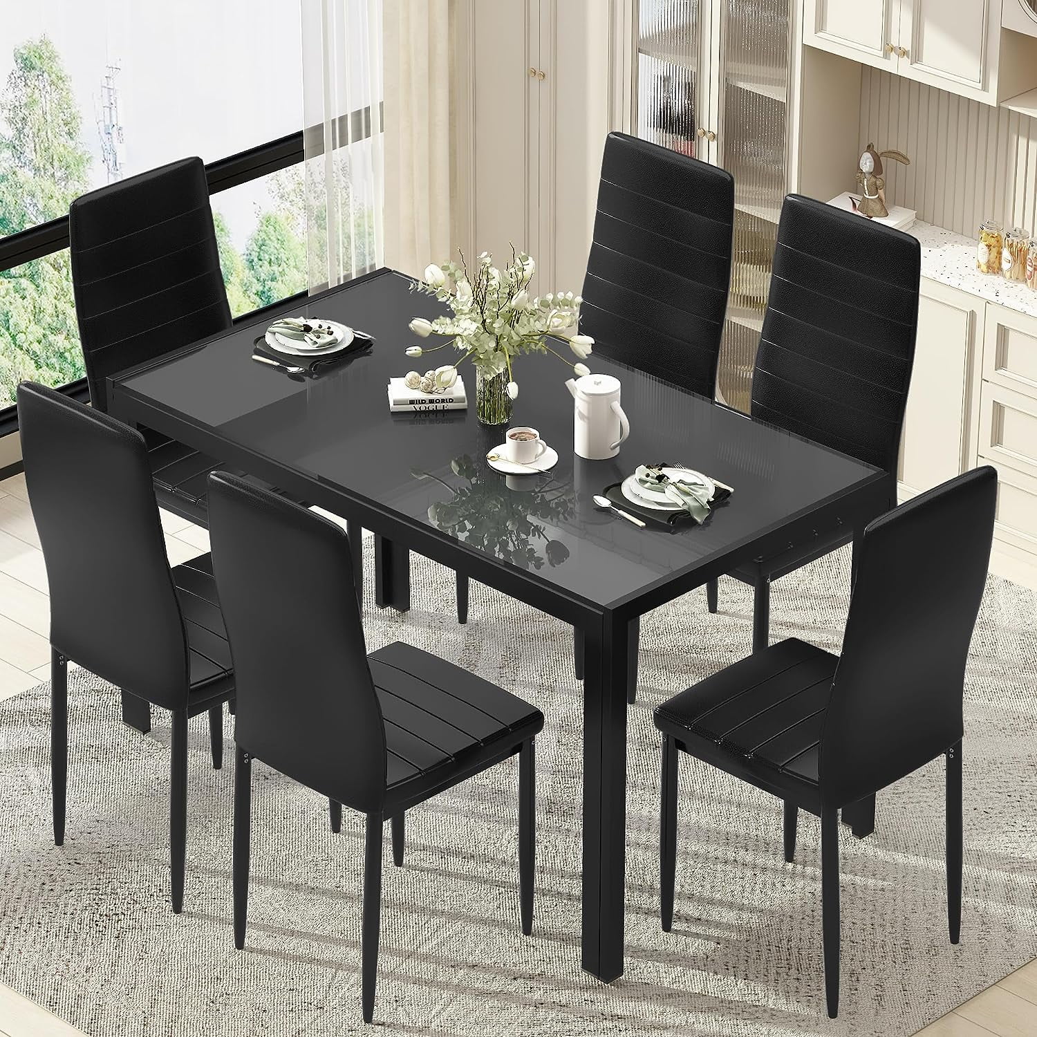 Recaceik 7 Pcs Tempered Glass Dining Table Sets, 29.3” H Glass Dining