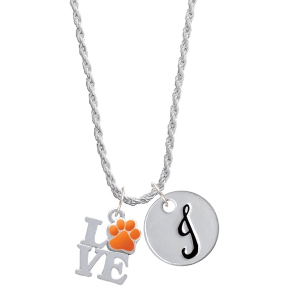 Delight Jewelry Silvertone Love with Orange Paw Silvertone Script Initial Disc - J - Charm Necklace, 20"+3"