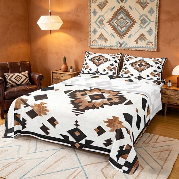 Manfei Southwestern Geometric Bed Sheets, Hippie Aztec Fuul Size Sheets, Brown Black and White, Reversible 4-Piece1 Flat Sheet 1 Fitted Sheet 2 Pillowcases