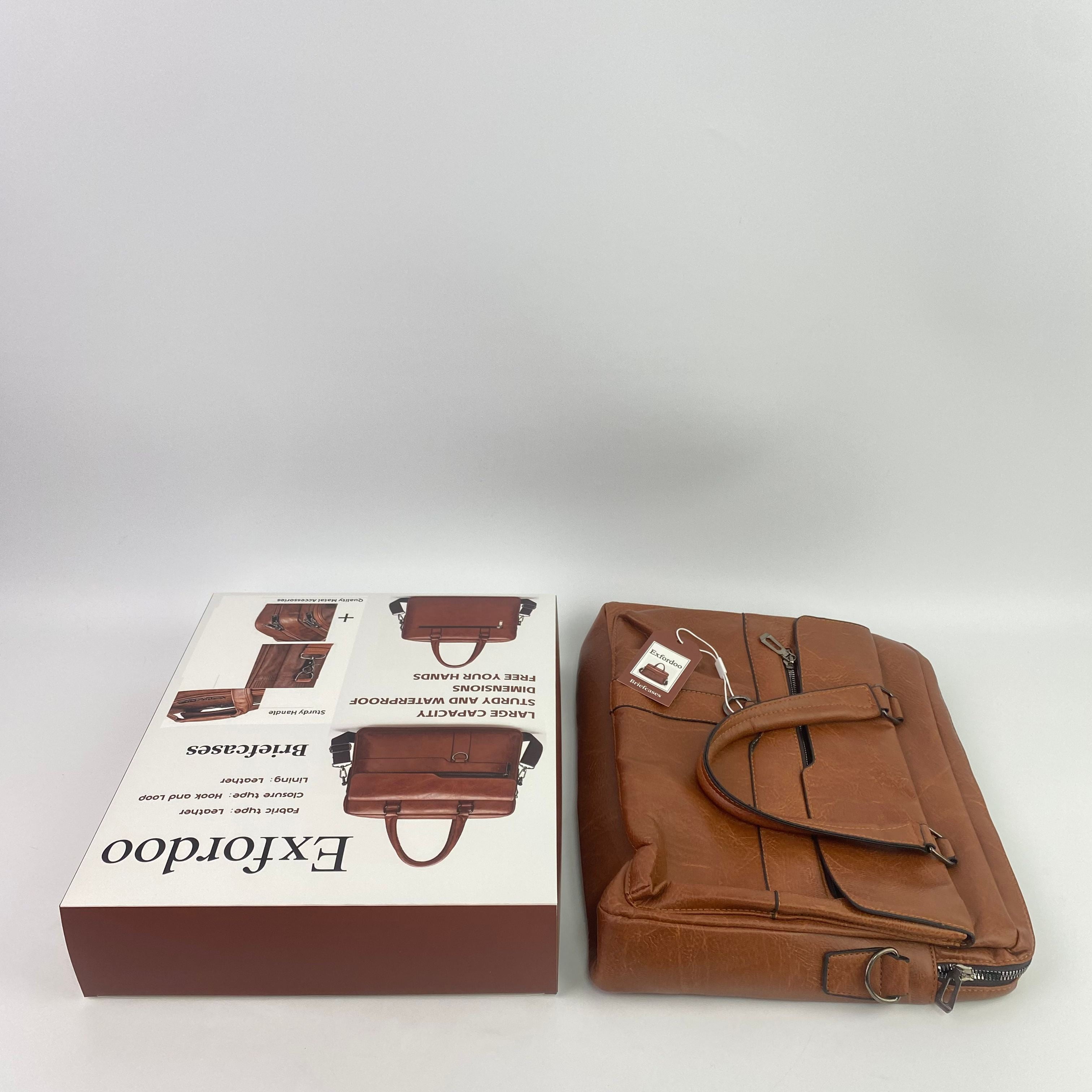 Exfordoo Briefcases,Men's Business Travel Briefcase Leather Handmade Messenger Bags Laptop Bag