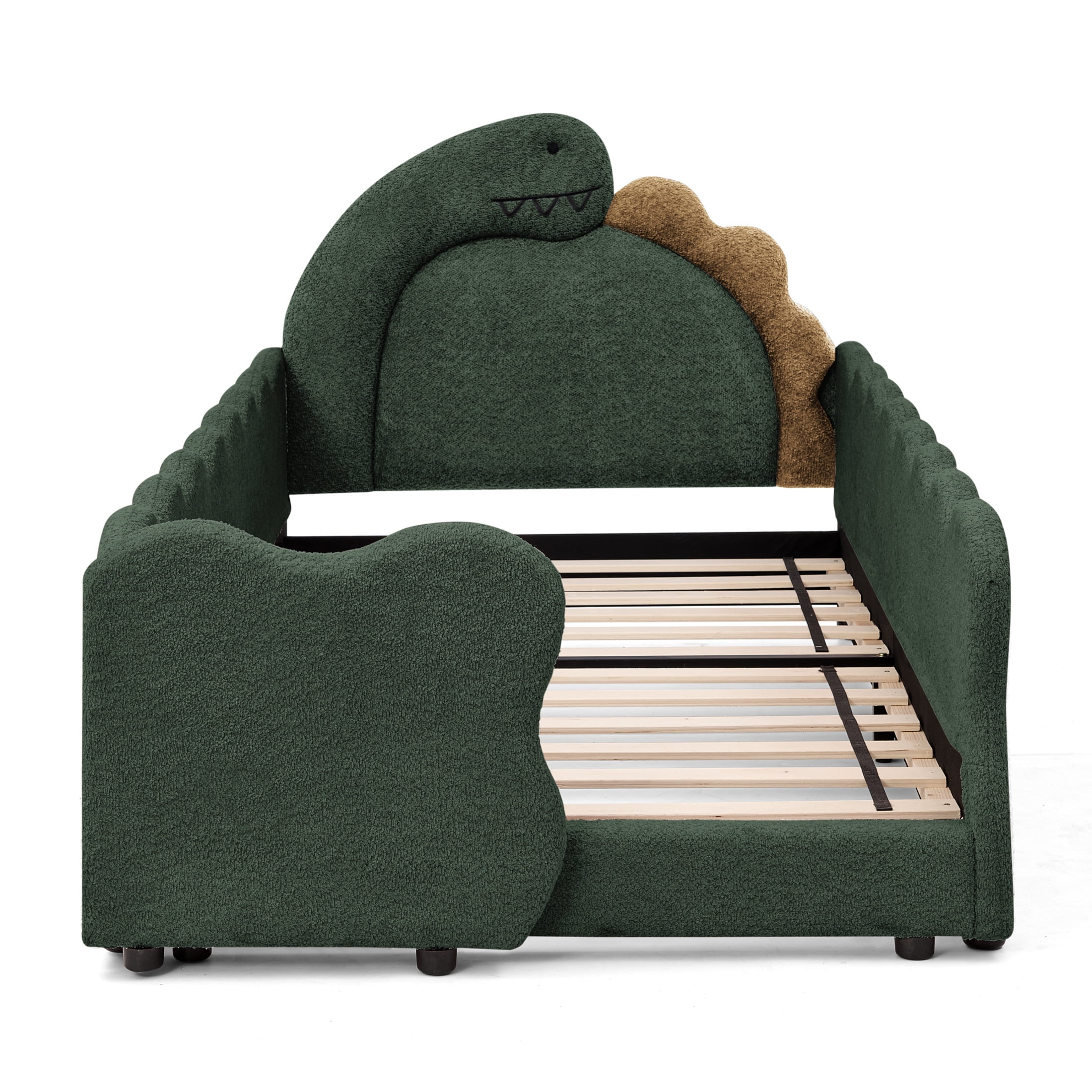Noble House Almere Twin Size Dinosaur Kids Bed, Cozy Playful Boucle Toddler Bed Frame with Safety Guardrails, Green