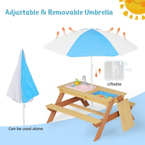 HappyToysWorldWooden Kids Picnic Table with Umbrella, 3-in-1 Sand and Water Table, Outdoor Activity Center for Backyard Patio