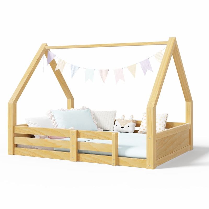 Euroco Wood Full Size Platform Bed, Low Profile House Floor Bed with Guardrails, White