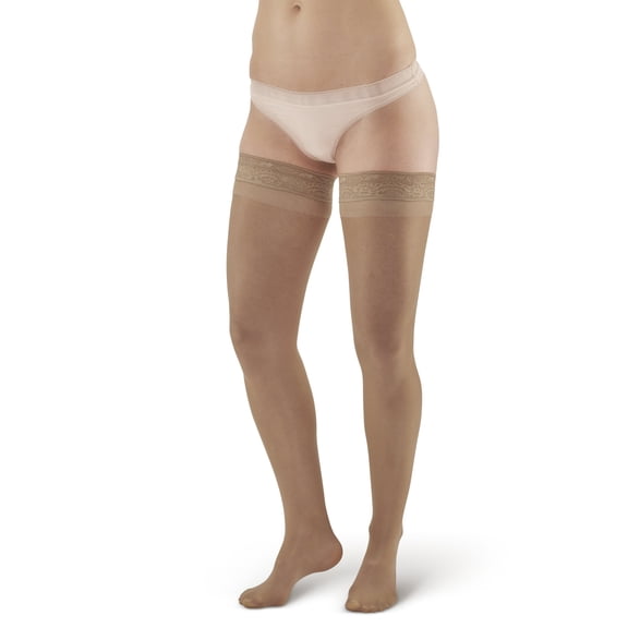 Ames Walker AW Style 74 Soft Sheer 8-15 mmHg Mild Compression Thigh High Stockings w/Band Natural Small