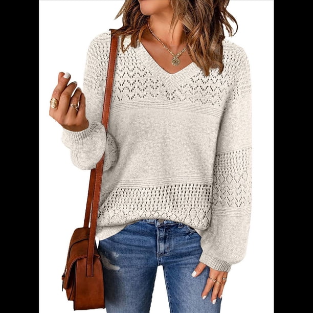 Suéteres de Punto para Mujer, Otoño, Cuello en V, Larga, Suéter Informal Holgado. L