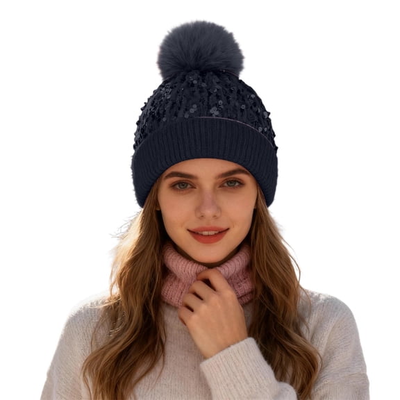 AWZXDE Winter Glitter Knit Hat With Ear Shield And Fuzzy Decoration Winter Hats For Women Thickened Warm Cap Black