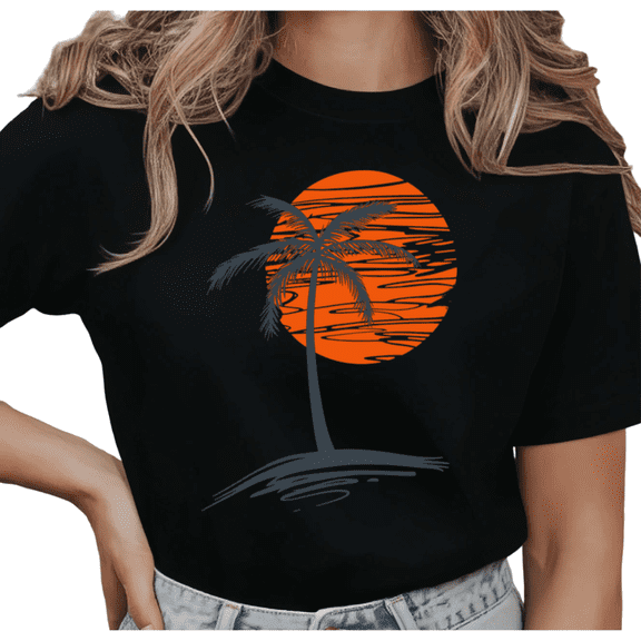 UNISHE Women's "Vintage Beach Sunset" Minimalist Palm Tree Short Sleeve T-Shirt Casual Cotton Crewneck Top