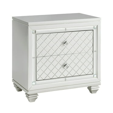 Piros 29 Inch 2 Drawer Nightstand, Diamond Pattern, Mirrored Frame, Silver- Saltoro Sherpi