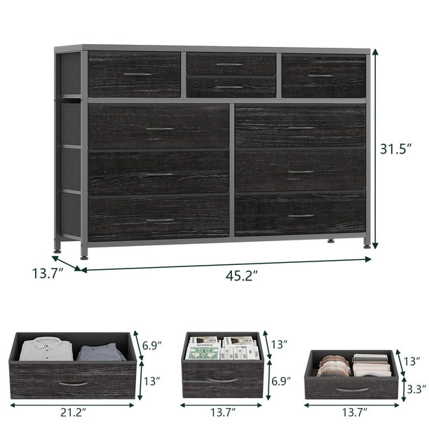 Cómoda ancha de 10 cajones y mueble TV – Torre de almacenamiento multifuncional con estructura metálica y superficie de madera – Fácil de montar – Ideal para dormitorio, salón y pasillo