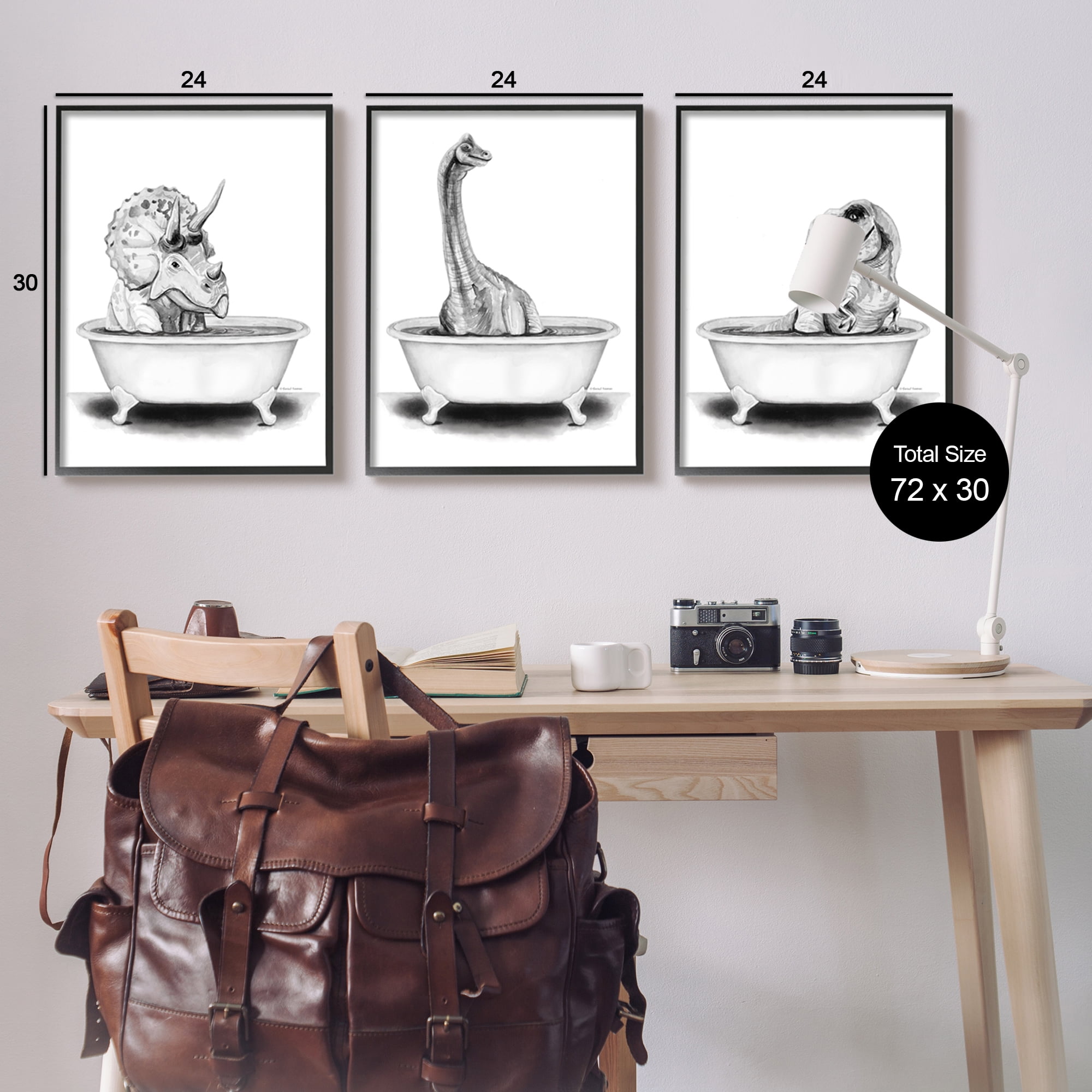 Stupell Dinosaurs Bathing Bathroom Tub Animals & Insects Painting Black Framed Art Print Wall Art, Set of 3