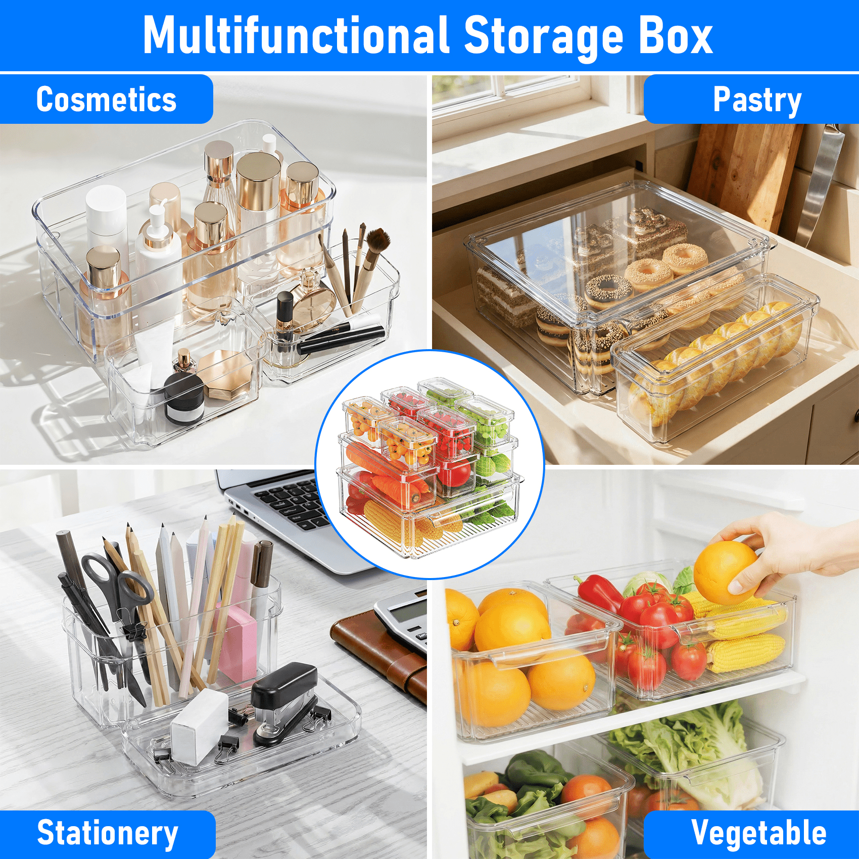 10 Pack Clear Fridge Storage Bins with Lids, Stackable Food Containers with Curved Handle, Kitchen Produce Saver for Fruits, Vegetables and Meat