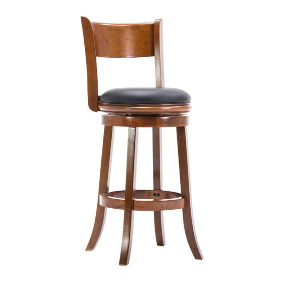 Benjara Pal 29 Inch Swivel Bar Stool, Solid Wood, Bonded Leather, Walnut Brown