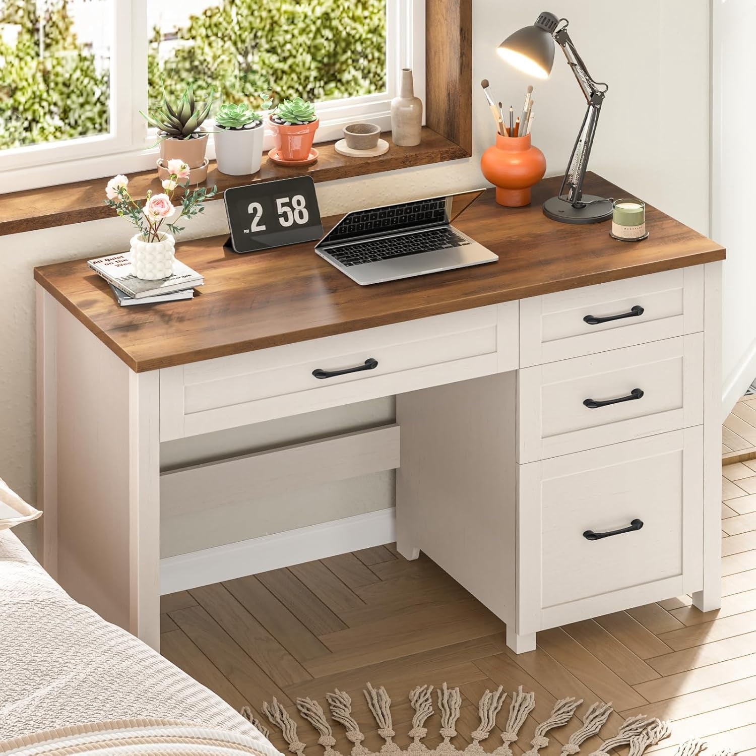 Farmhouse 47" Executive Desk with File Drawer, Wood Computer Desk with 3 Storage Drawers, Workstation for Home Office, Study, Writing(Unique White)