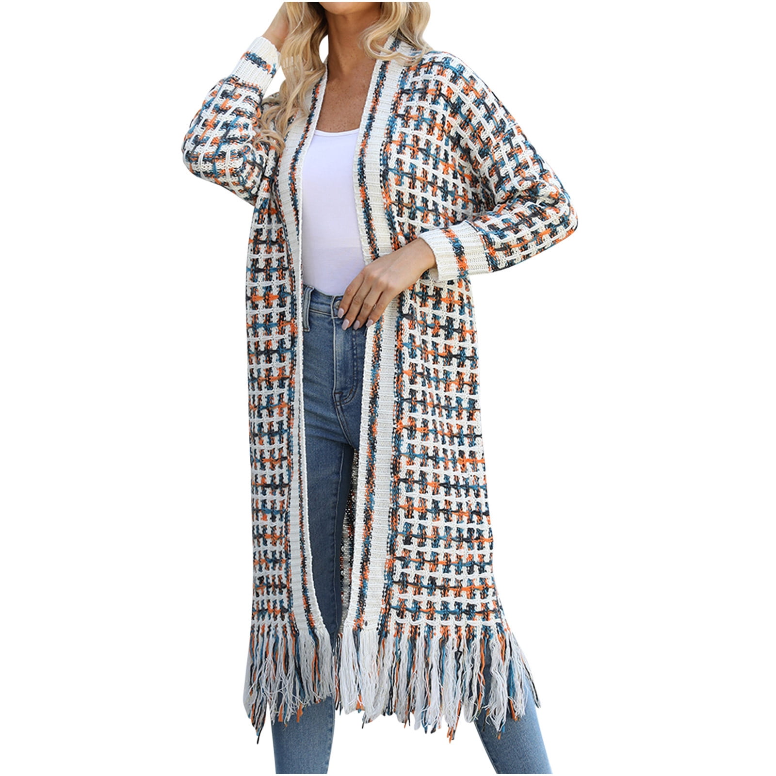 Cardigans Sweaters for Women Long Sleeve Open Front Tassels Oversized Knitted Coats Knee Length Checkered Color Block Soft Outerwear Sweater