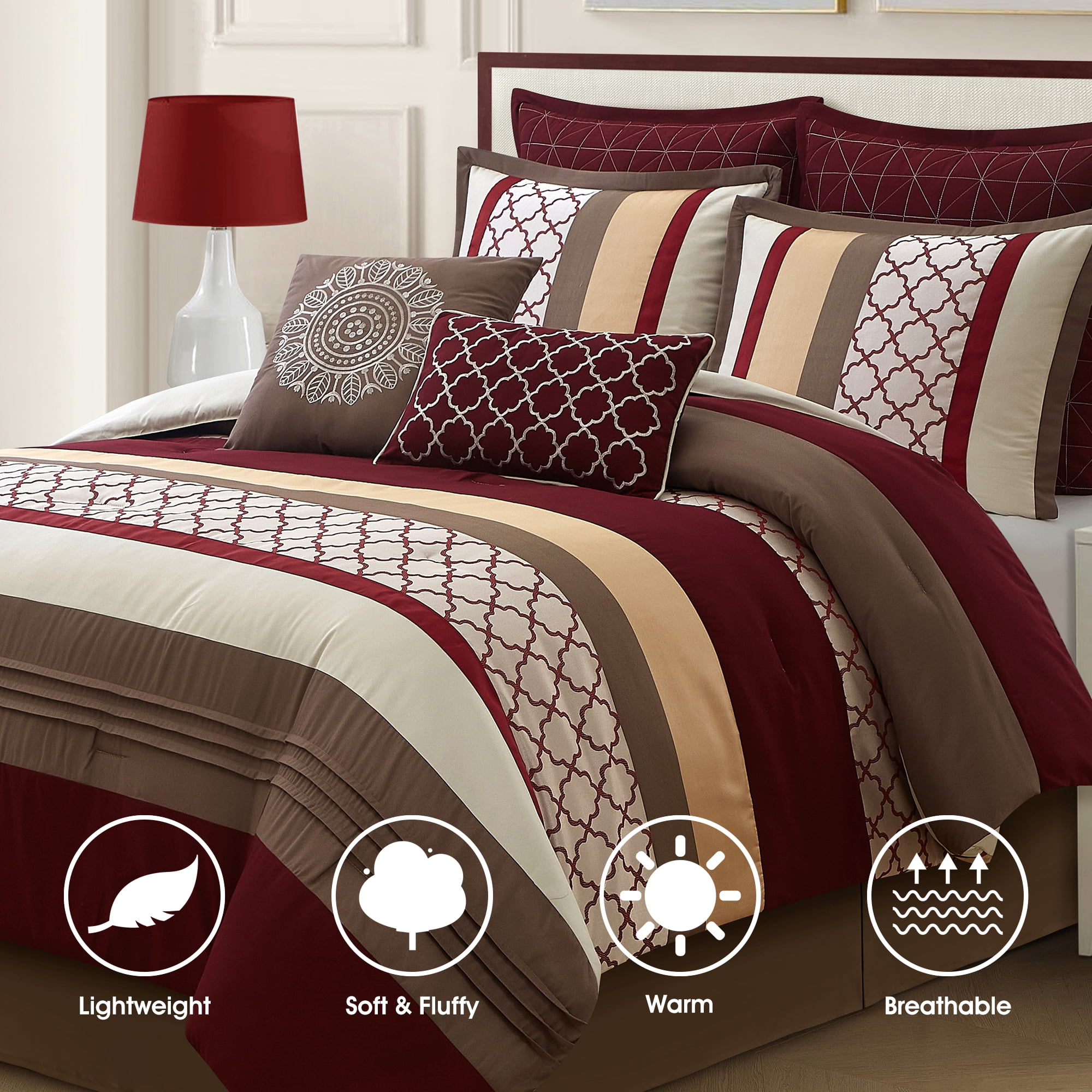 Lanco Moroccan Taupe/Red Berry/Gold, 8-Piece Comforter Set, California King, Striped/Geometric