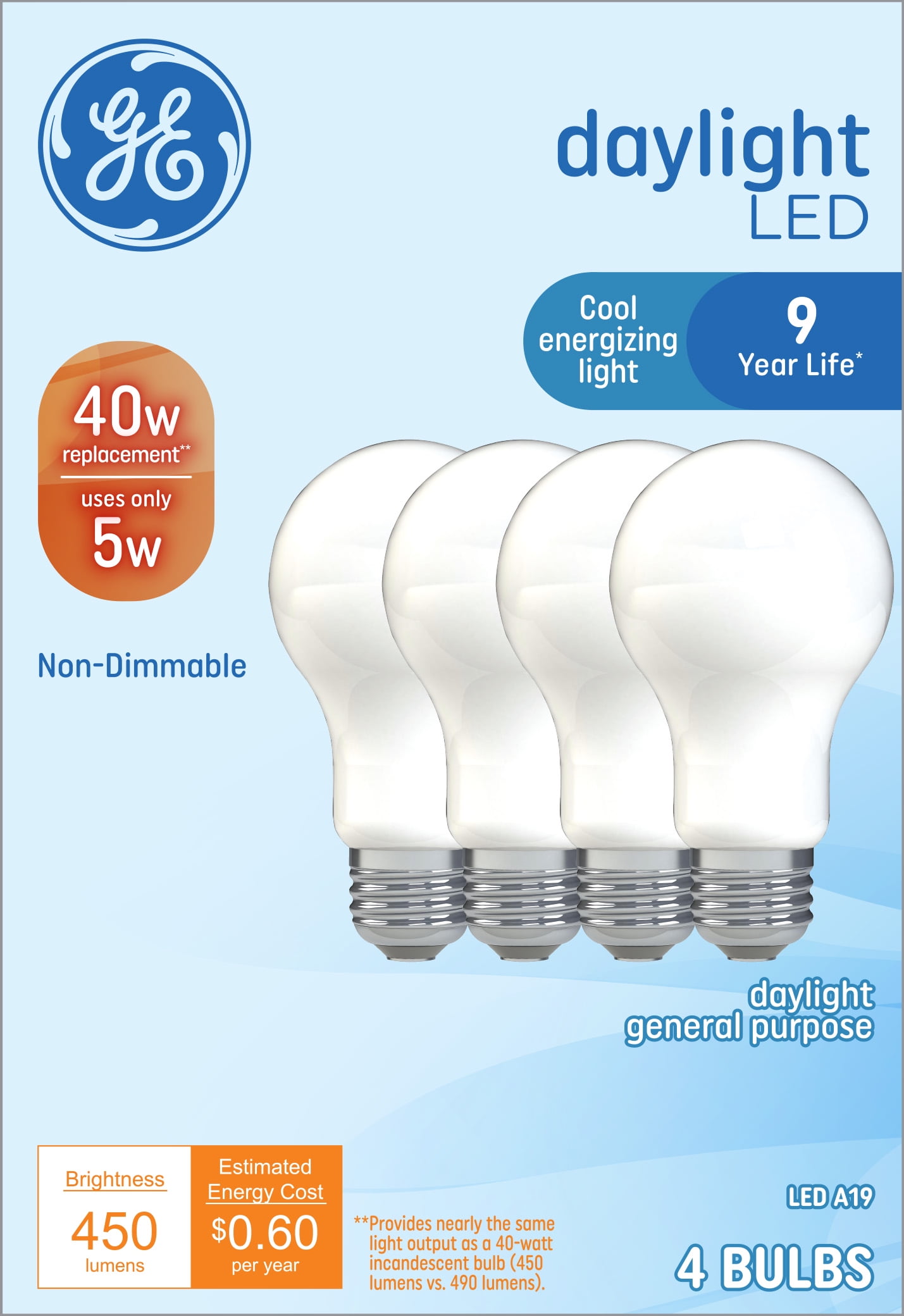 GE Daylight LED Light Bulbs, 40 watts Eqv, A19 General Purpose, E26 Medium Base, 9yr, 4pk