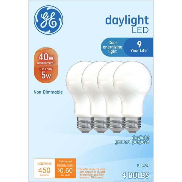 GE Daylight LED Light Bulbs, 40 watts Eqv, A19 General Purpose, E26 Medium Base, 9yr, 4pk