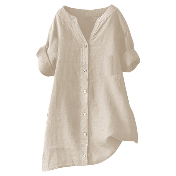 T Shirts For Women Beige Womens Tops Fashion Loose Button Stand Solid Color Sleeve Collar Casual Pocke Summer Tops