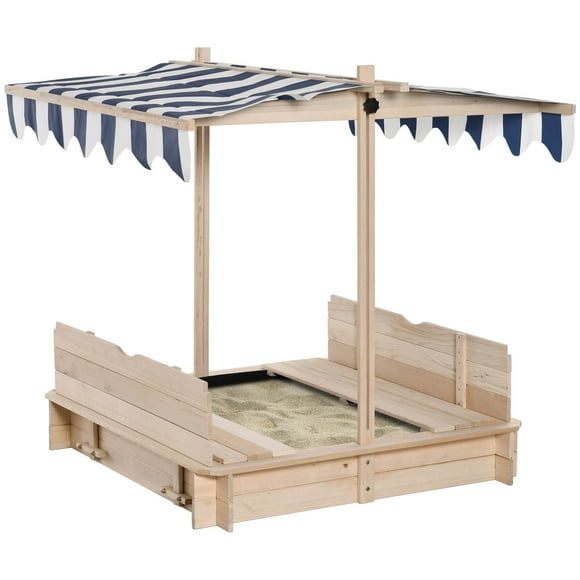 Outsunny Covered Sandbox with Lid & Adjustable Canopy for Kids, Natural