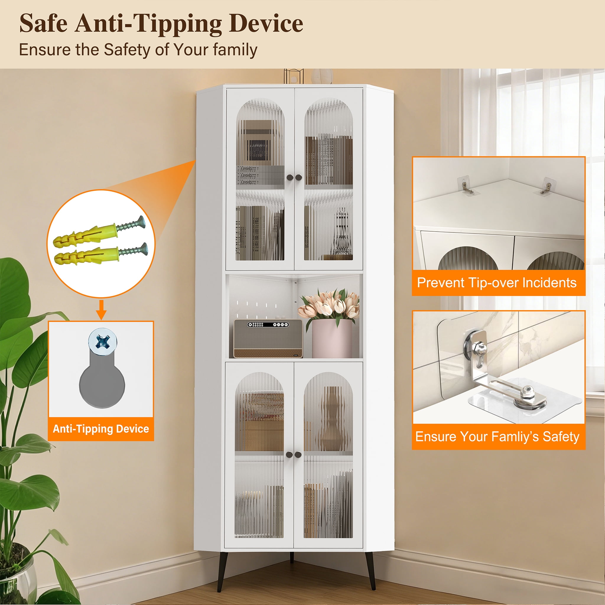 Mintazer 73" Tall Corner Storage Cabinet with 6-Tier Adjustable Shelves & 4 Glass Doors, Metal Corner Organizer for Living Room Bedroom Bathroom, White