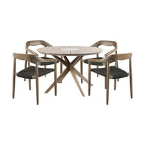 Armen Living Outdoor Patio 5 Piece Round Dining Set in Eucalyptus Wood and Charcoal Rope