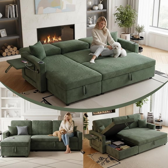 LLappuil Sectional Sofa, 84" Sectional Couch with Storage Chaise, Small Desktop, Cup Holders, Charging Port Convertible Sofa Bed, Corduroy Pull Out Sofa Bed for Living Room Green