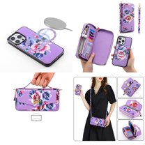 Feishell for Apple iPhone 16 Pro Max Crossbody Wallet Detachable Case,for Women Girls,Flower Pattern PU Leather RFID Blocking Multi Card Slots Zipper Phone Case with Shoulder & Hand Strap, Purple