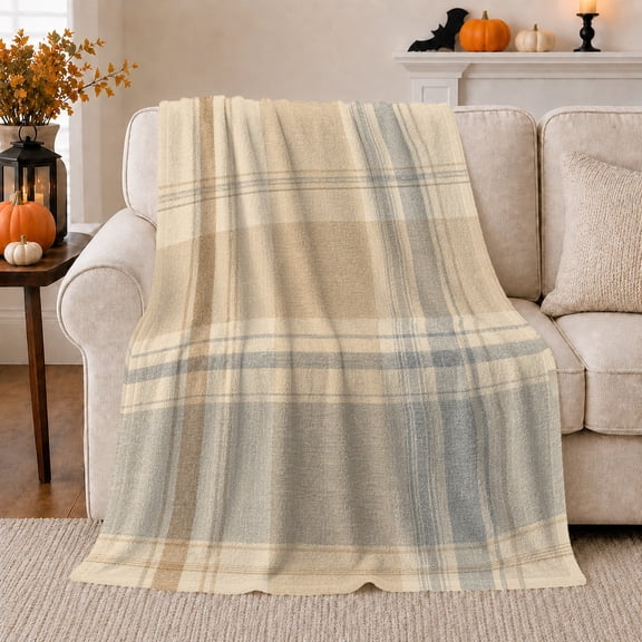 Cream Grey Blue Farmhouse Plaid, Cozy Friendship Quote Scene, Warm Flannel Blanket for Ranch House and Living Room, Art Lovers Thanksgiving Gift, Artistic Home Decor