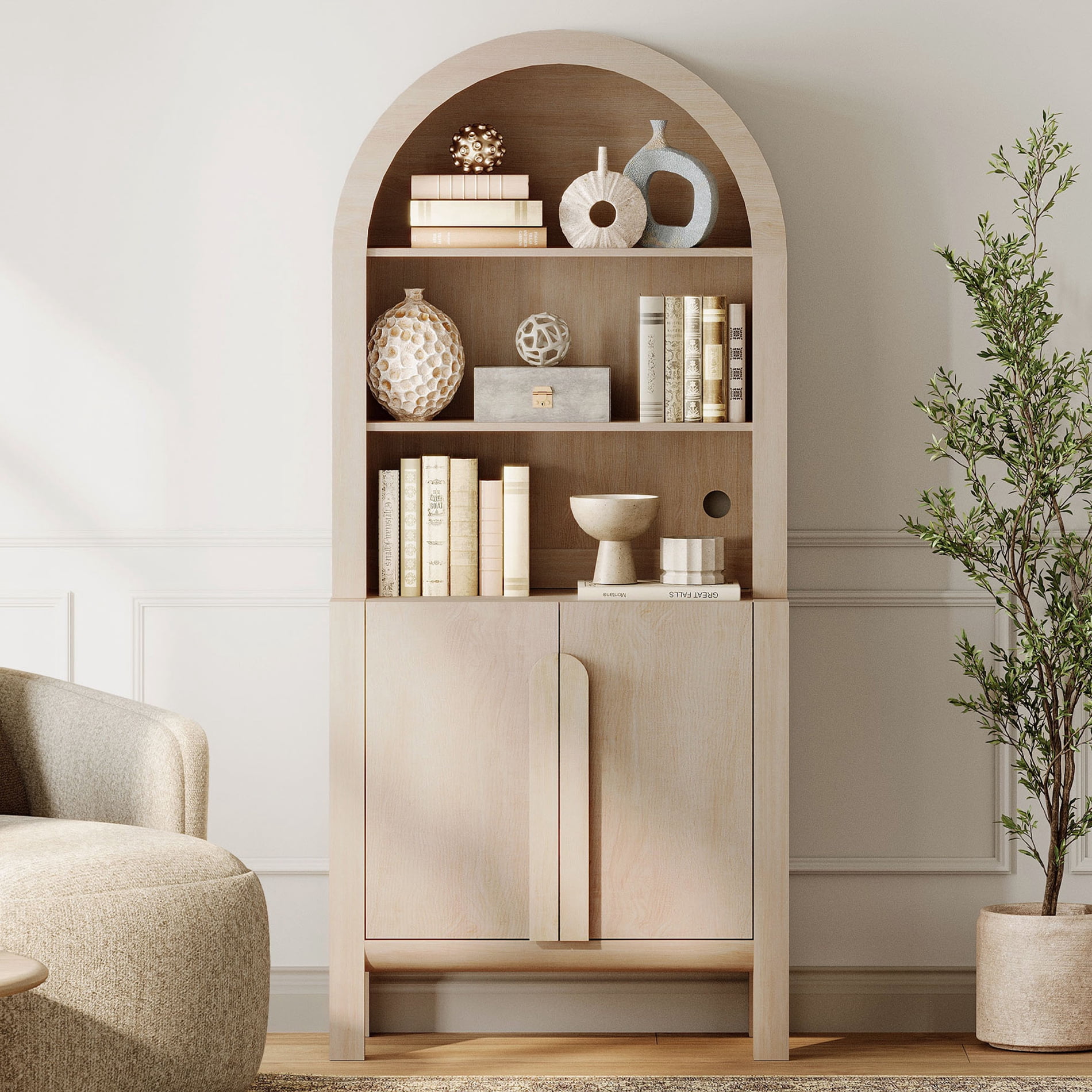 71” Tall Arched Bookshelf, Modern 5 Tier Bookcase with Cabinet, Wooden Display Cabinet with Doors and Adjustable Shelves, Versatile Bookshelf for Living Room, Study, Office