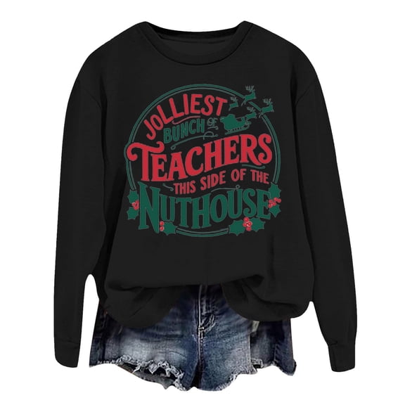 Womens Christmas Tops Fashion Festive Christmas Print Round Neck Womens Holiday Clothing,Black,XL