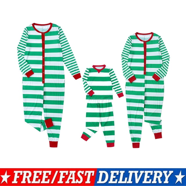Matching Family Christmas Pajamas Sets Onesie Striped Print Long Sleeve Sleepwear