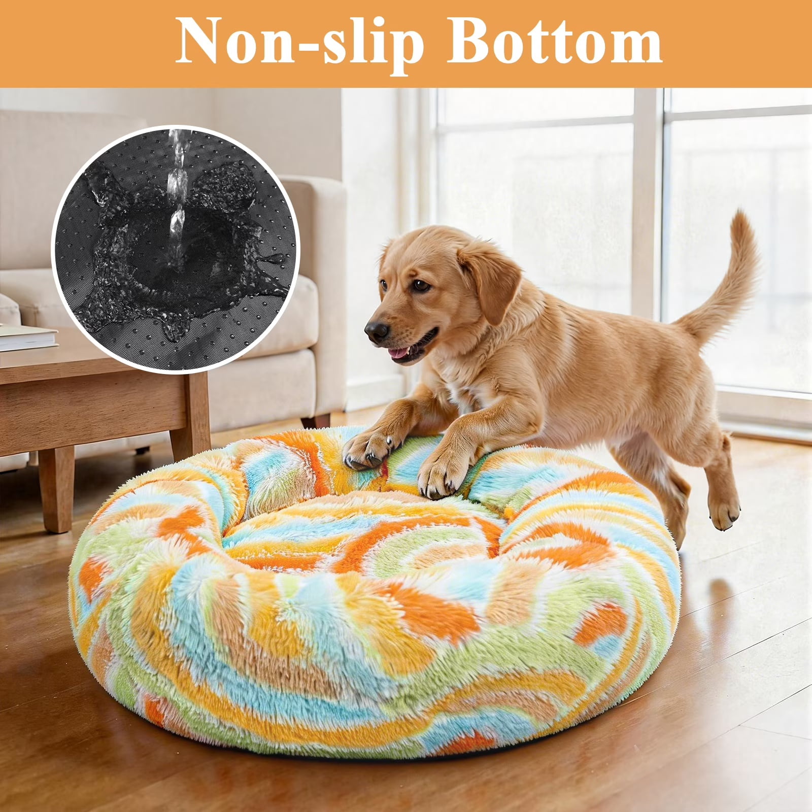 Vaukki 23"Dog Bed with Non Slip Bottom,Soft Warm Faux Fur Pet Bed,Comfortable Donut Round Plush Dog and Cats Beds,Orange