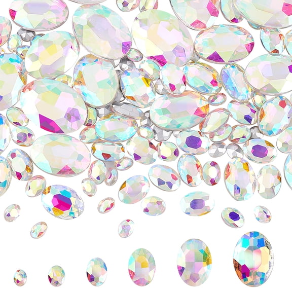 94 Pcs Pointed Back Rhinestone 6 Sizes Glass Rhinestones Gems AB Color Oval Jewels Embelishments with Silver Plated Back Crystals Iridescent Oval