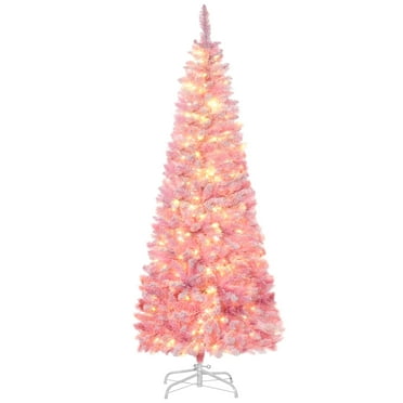 Yiyuanjin Auto Open 6Ft Prelit Artificial Christmas Tree with Warm White LED lights, 500 branch tips pink Pine Xmas tree full tree with metal foldable detachable base