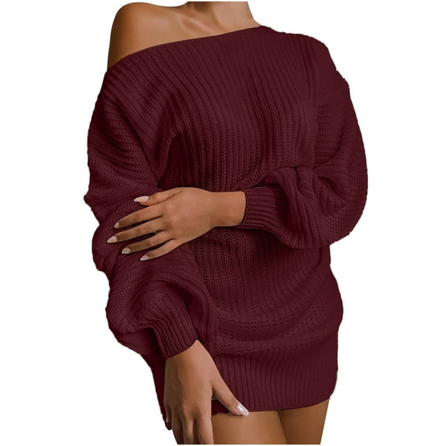 Pompotops Robe Pull en Tricot à Manches Lanternes Décontractée pour Femmes