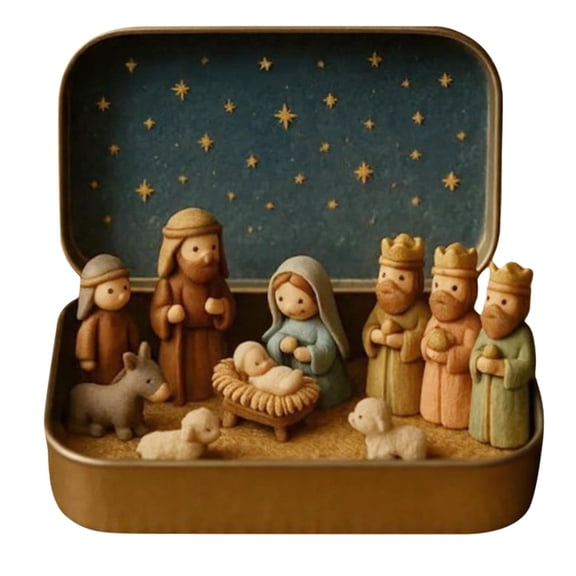 Christmas Nativity Set in a Tin Box, Pocket Scene with Tiny Figurines, Holy Family Miniature Figures, Portable Christmas Decoration, Hand-Painted, Compact Keepsake for Travel and Gifting