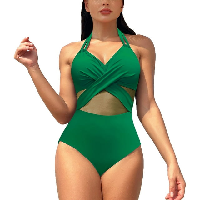 Ersazi Womens One Piece Swimsuits 2024 Spring Fashion Solid Color Mesh Bikini Swimsuit In Clearance Green S